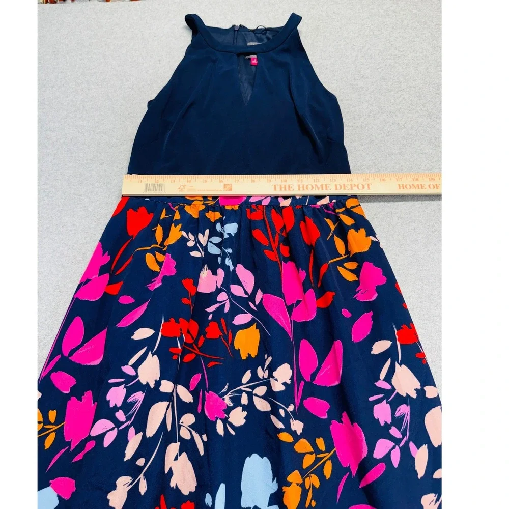 Vince Camuto Maxi Dress Womens 8 Navy Blue Floral‎ Halter Neck Keyhole Summer